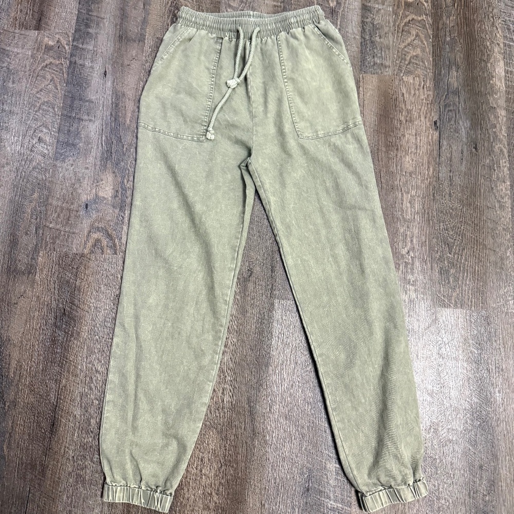 Vanilla Bay Womens Joggers Acid Wash Olive, Boutique High Waisted SZ S - Fall